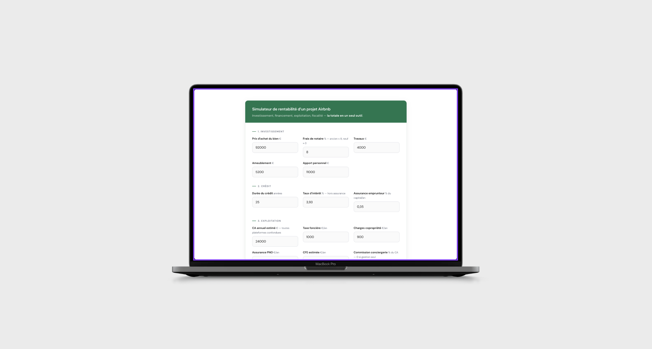 Interface de l'estimateur de rendement locatif d'EvasionHomes, permettant aux propriétaires de calculer la rentabilité brute et nette de leur investissement immobilier en location saisonnière.
