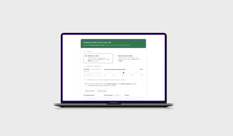 Interface du simulateur de fiscalité immobilière permettant de comparer le régime LMNP réel et le régime Micro-BIC afin d'optimiser l'imposition de ses revenus locatifs.
