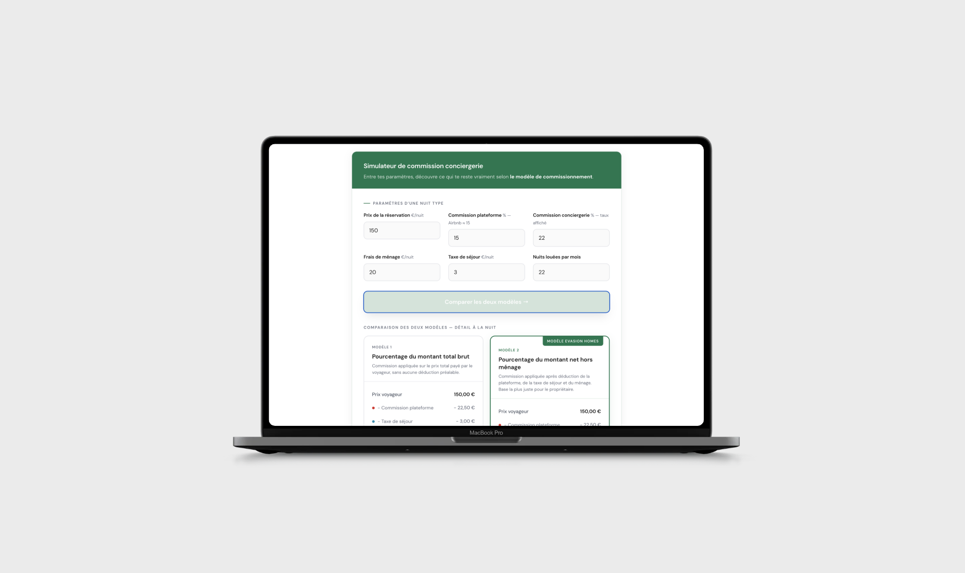 Interface du simulateur de commission de la conciergerie EvasionHomes, permettant aux propriétaires de calculer les frais de gestion transparents et de projeter leurs revenus nets.