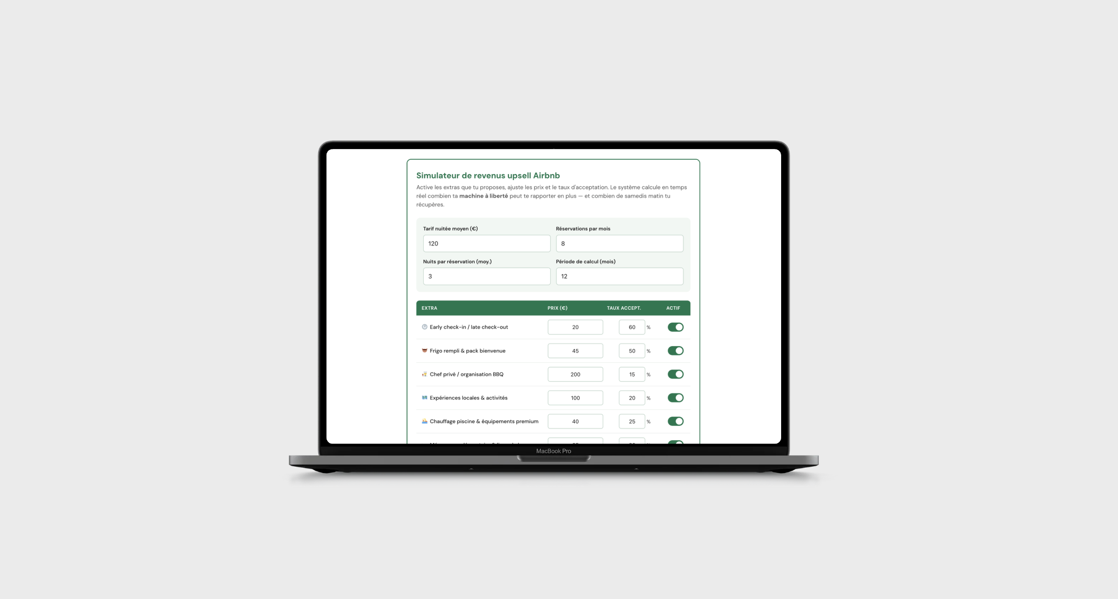Interface du simulateur de services extras payants d'EvasionHomes, permettant aux propriétaires d'estimer les revenus additionnels générés par la conciergerie.