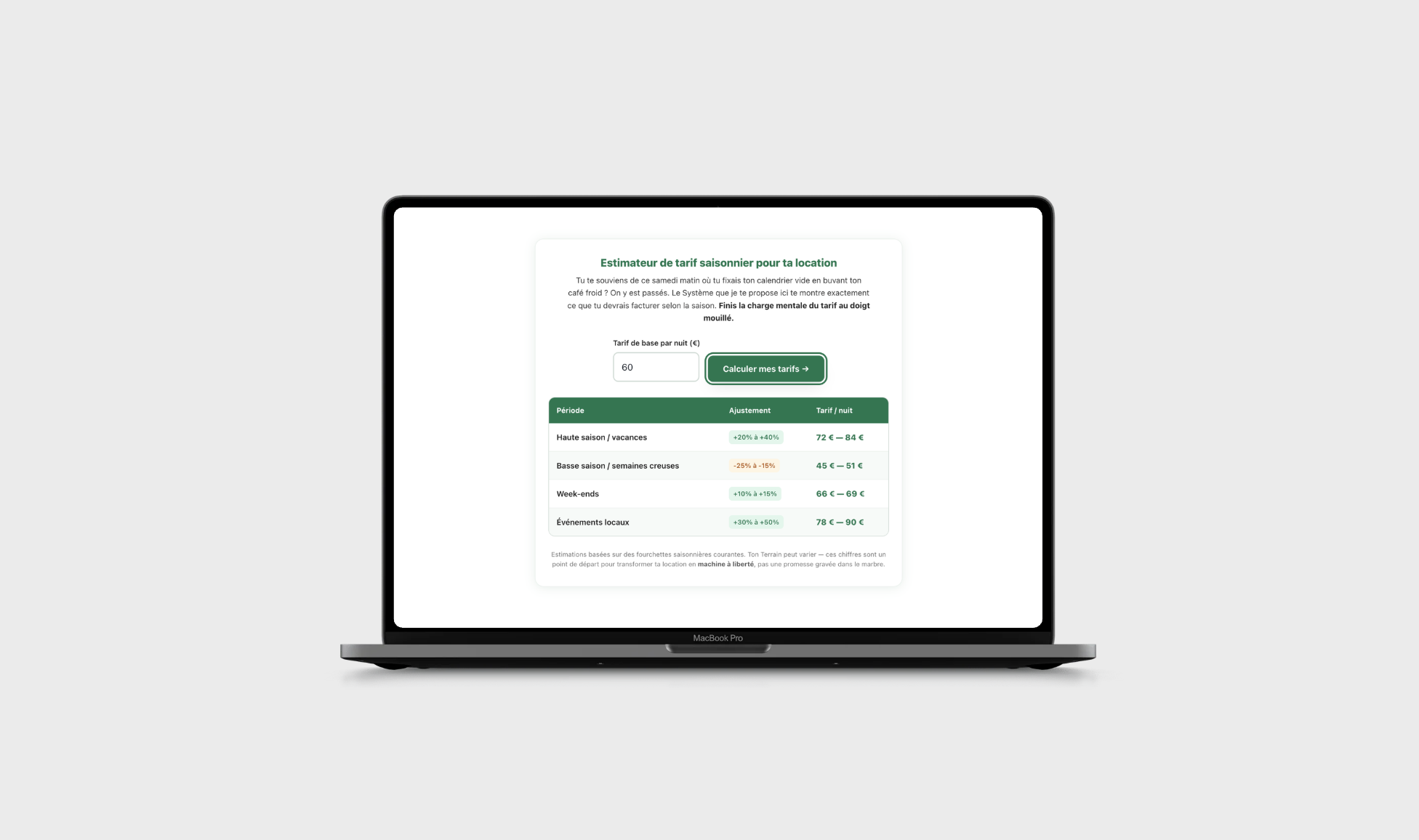 Interface du simulateur de tarifs saisonniers d'EvasionHomes, permettant aux propriétaires d'ajuster le prix à la nuitée selon la saisonnalité dans le Jura.