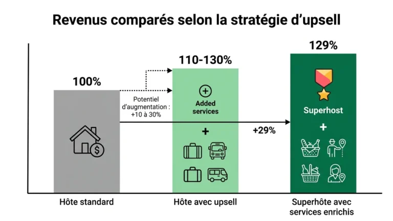 Graphique en barres comparant les revenus annuels d'un hôte standard, d'un hôte avec upsell et d'un Superhôte avec services enrichis, montrant une hausse de 10 à 30% et de 29% respectivement