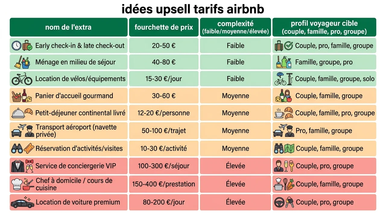 Tableau récapitulatif des 10 meilleures idées d'upsell Airbnb avec leur fourchette de prix, leur niveau de complexité logistique et leur profil de voyageur cible